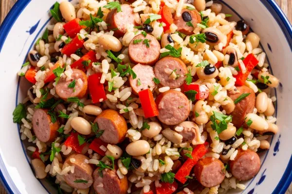 Hoppin' John (pølse, sorteøjede bønner og ris)