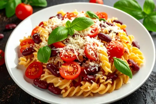 Pastasalat med tomat, basilikum og bønner